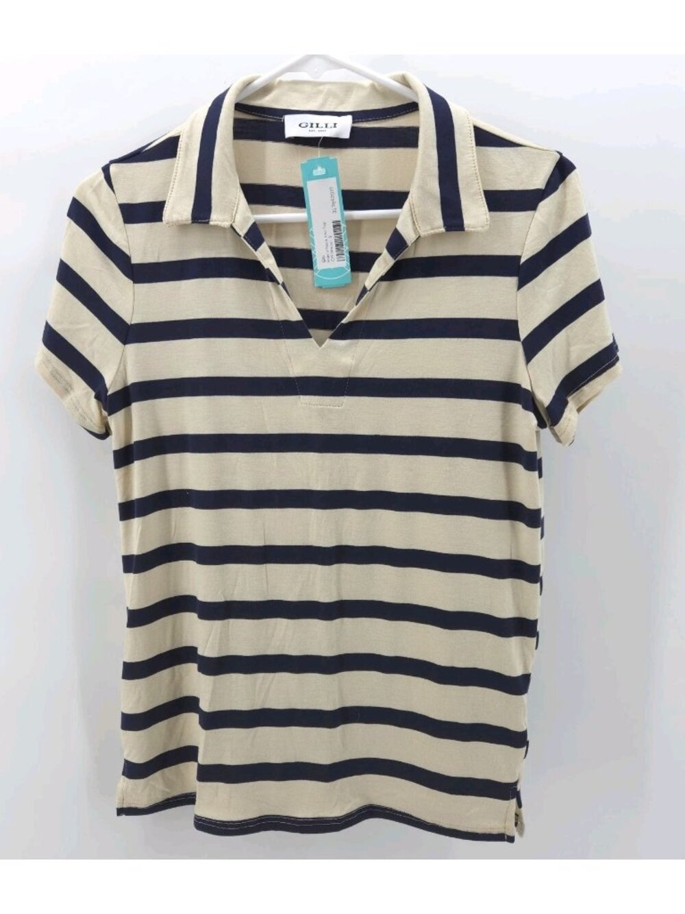 NWT Gilli Polo V Neck SS Knit Top Stitch Fix Womens Small Striped Off White Navy